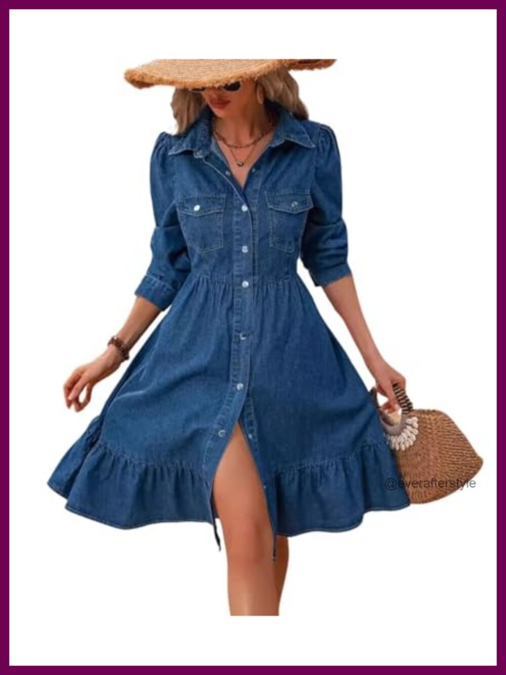 Flowy Denim Midi Dress Long Puff Sleeve Button Down A Line Swing Ruffle Jean